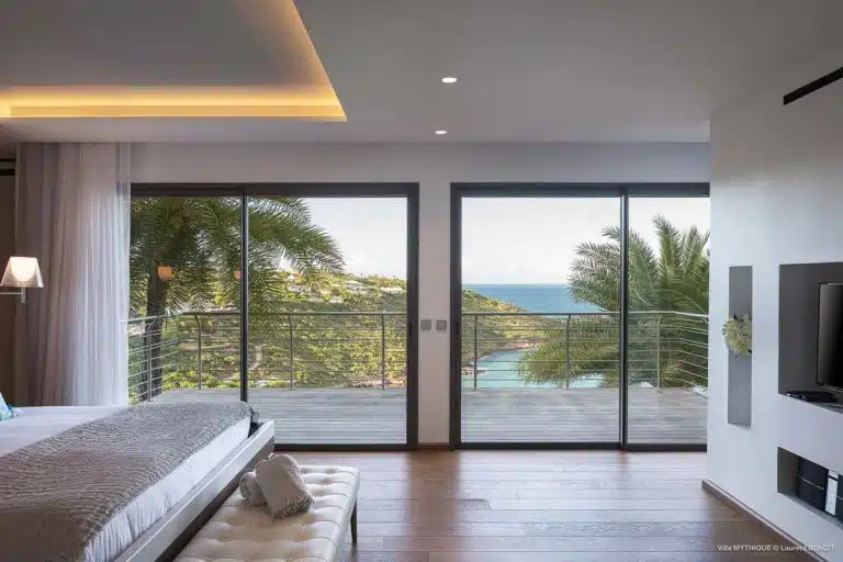 bedroom with ocean view in the mythique villa in st Barth