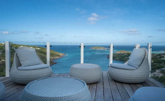 outdoor lounge area with sea view at Milonga villa - luxury villa for rent in St Barts