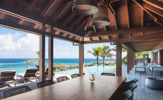 outdoor terrace with ocean view in the mythique villa in st Barth